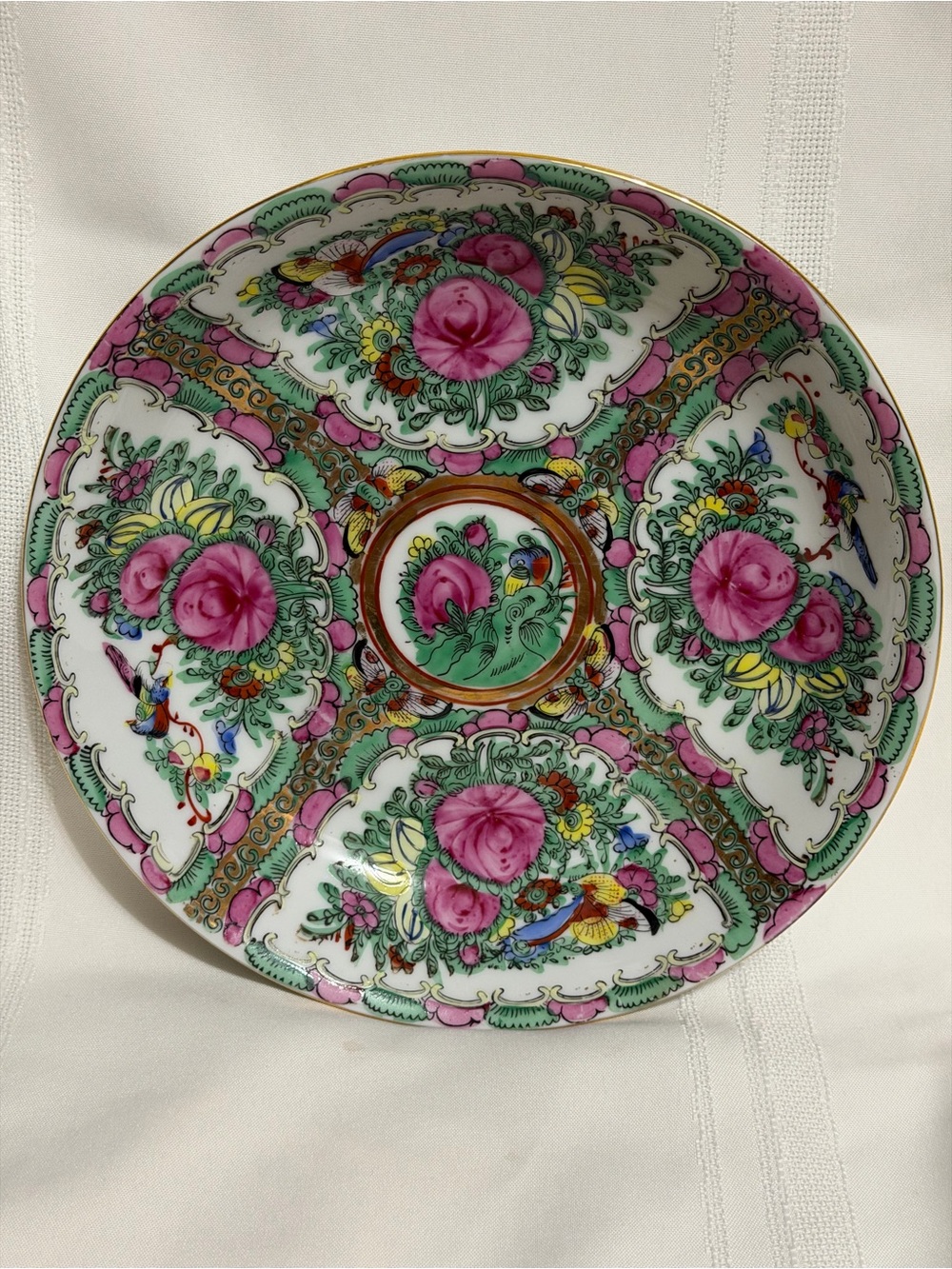 VINTAGE - CHINESE ASIAN PORCELAIN ROSE MEDALLION 9” BOWL FLORAL BIRDS ACF
